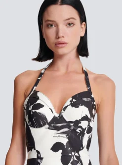 Cheap Black And Roses Leather Halterneck Dress Women Dresses