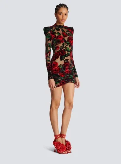 Fashion Burnout Velvet Dress With Rose Print Women Dresses