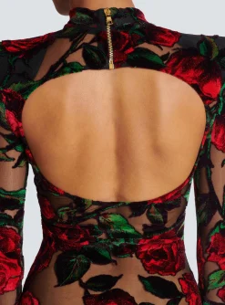 Fashion Burnout Velvet Dress With Rose Print Women Dresses