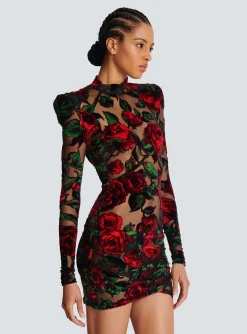 Fashion Burnout Velvet Dress With Rose Print Women Dresses