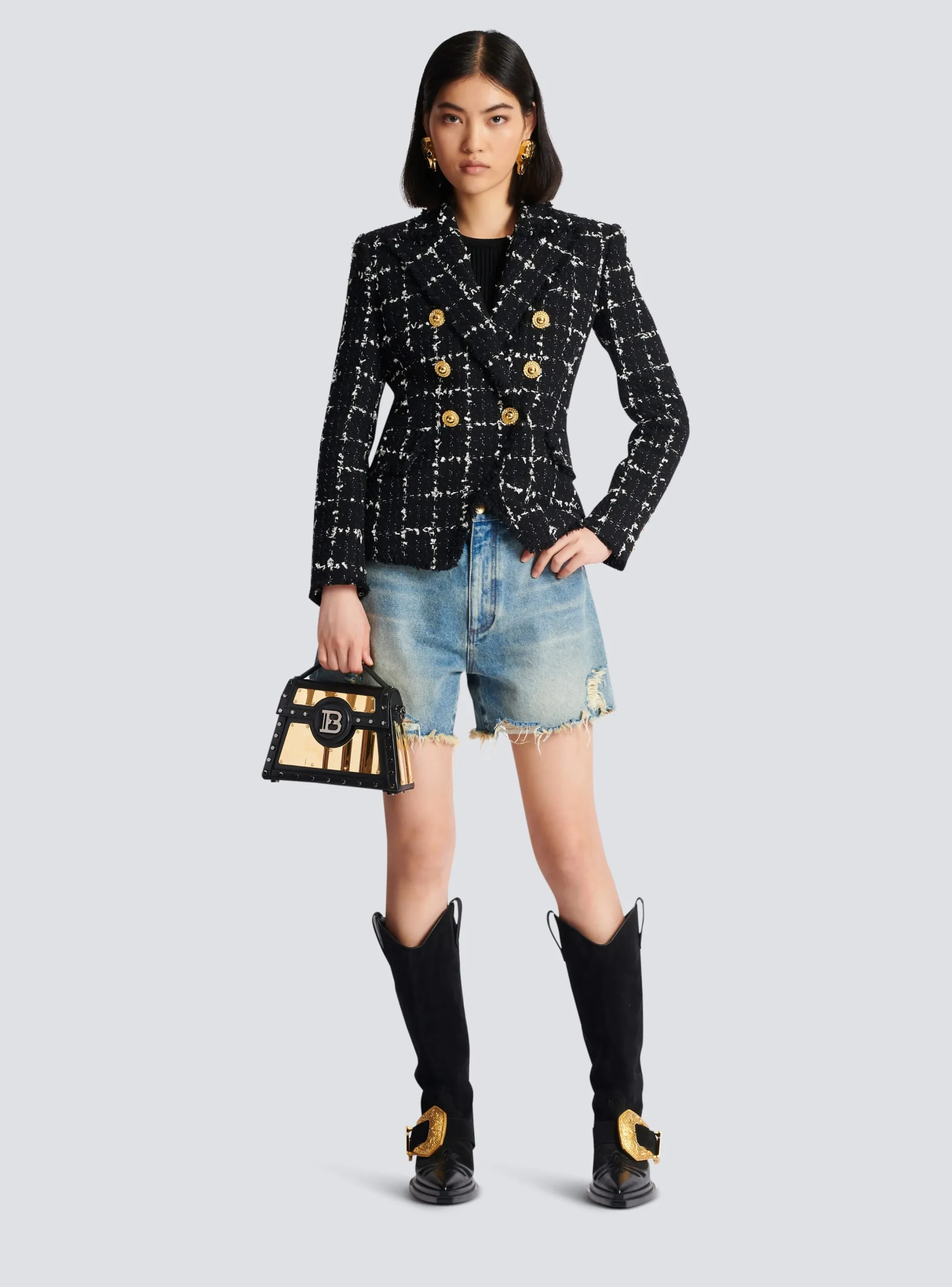 Cheap Check Tweed 6-button Jacket Women Jackets And Blazers