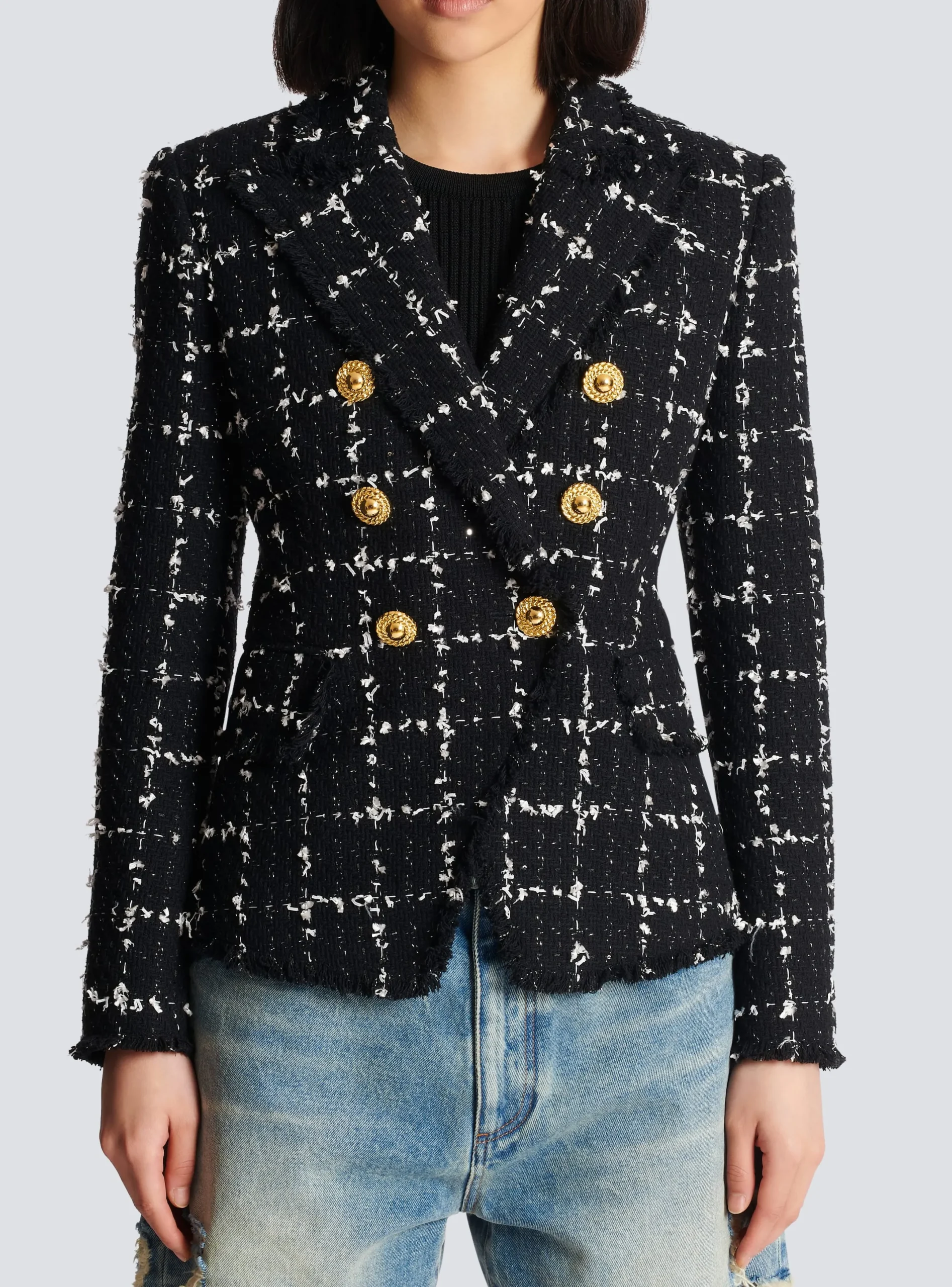 Cheap Check Tweed 6-button Jacket Women Jackets And Blazers