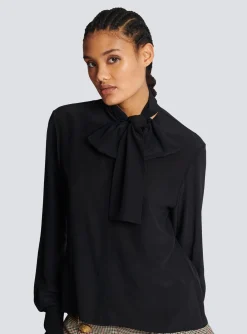 Fashion Crepe Shirt With Bow Collar Women Tops And Shirts