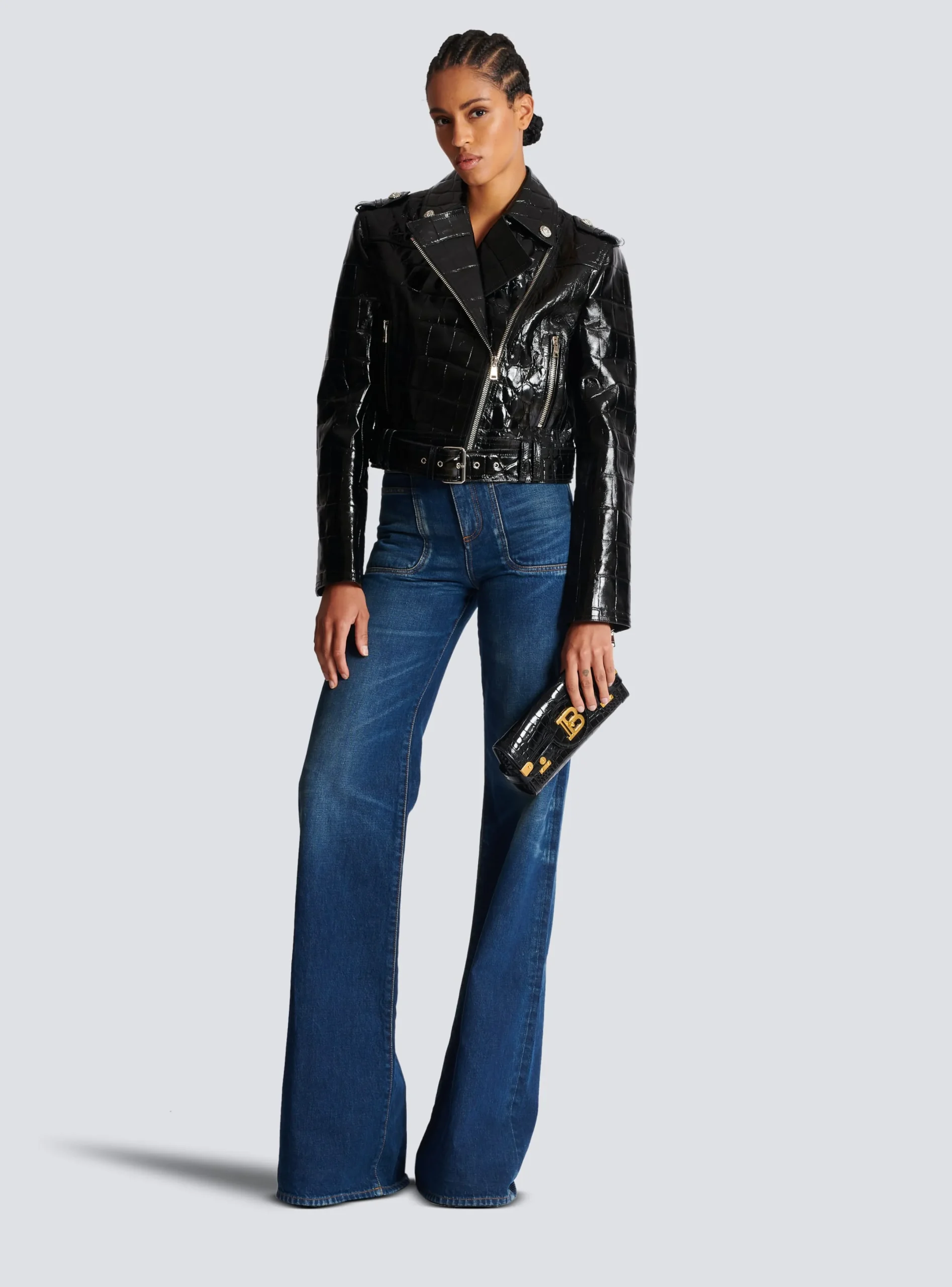 Cheap Crocodile-effect Leather Biker Jacket Women Outerwear
