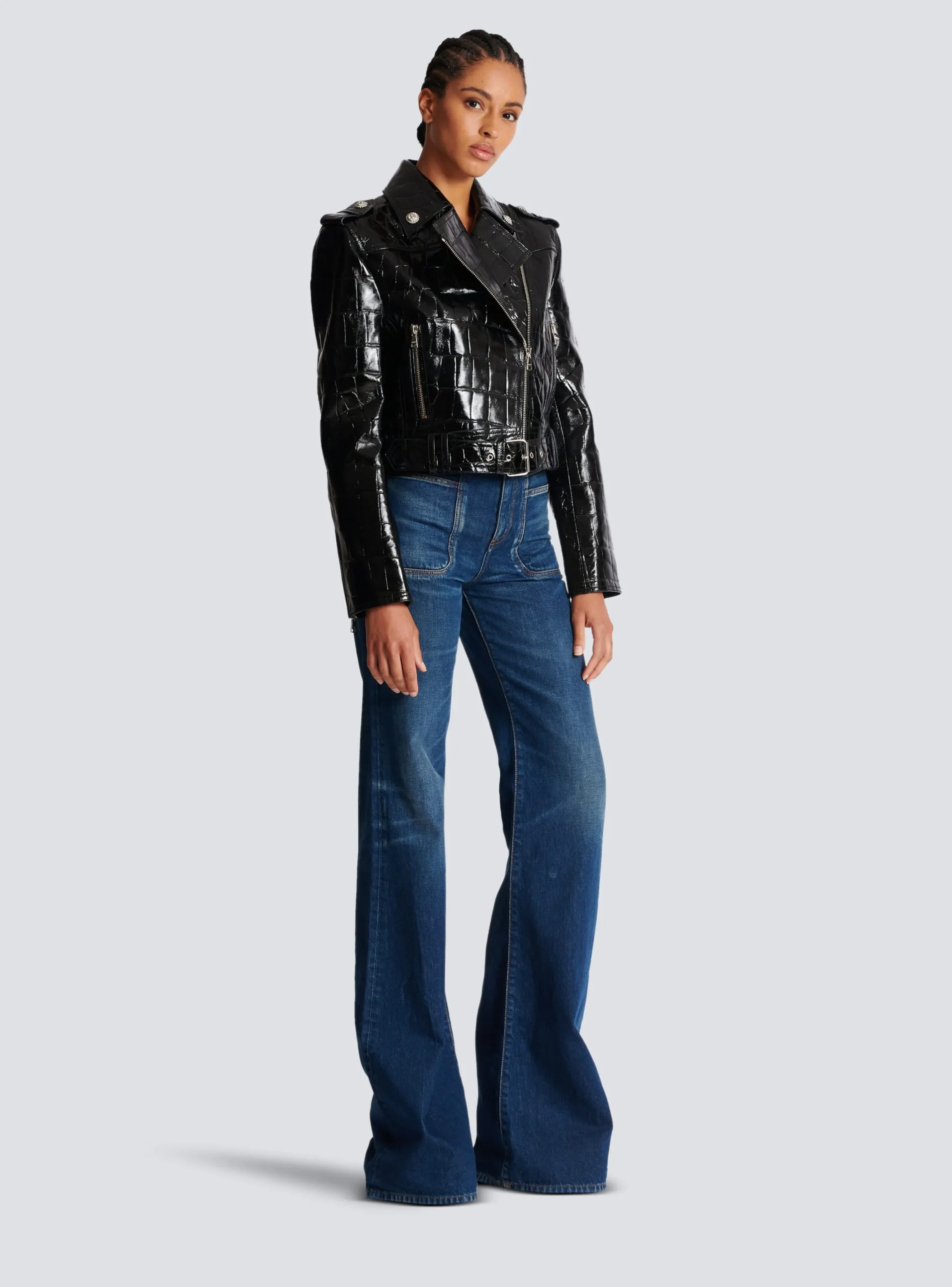 Cheap Crocodile-effect Leather Biker Jacket Women Outerwear