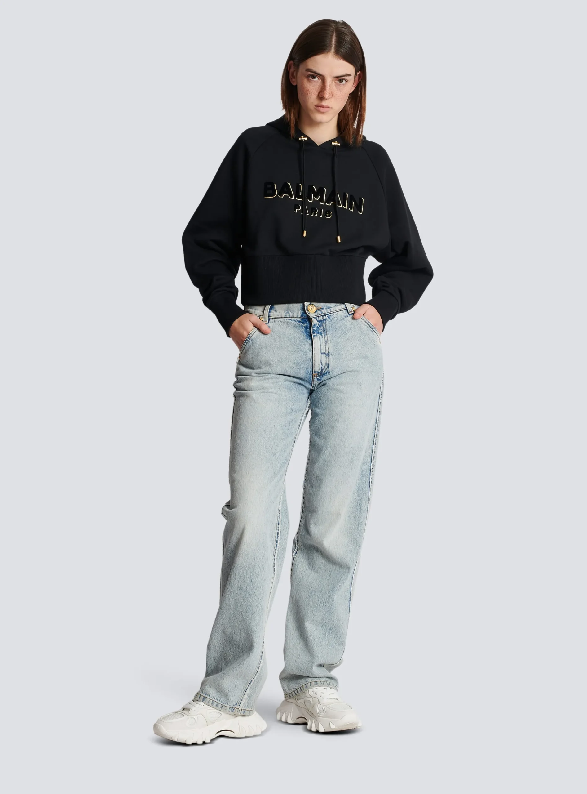 Clearance Cropped Cotton Sweatshirt With Flocked Metallic Logo Women Sweatshirts
