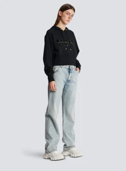 Clearance Cropped Cotton Sweatshirt With Flocked Metallic Logo Women Sweatshirts