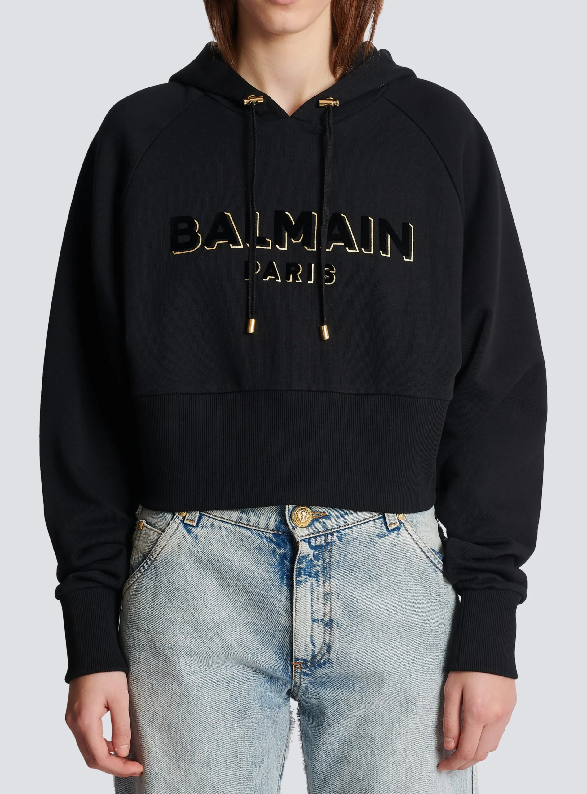 Clearance Cropped Cotton Sweatshirt With Flocked Metallic Logo Women Sweatshirts