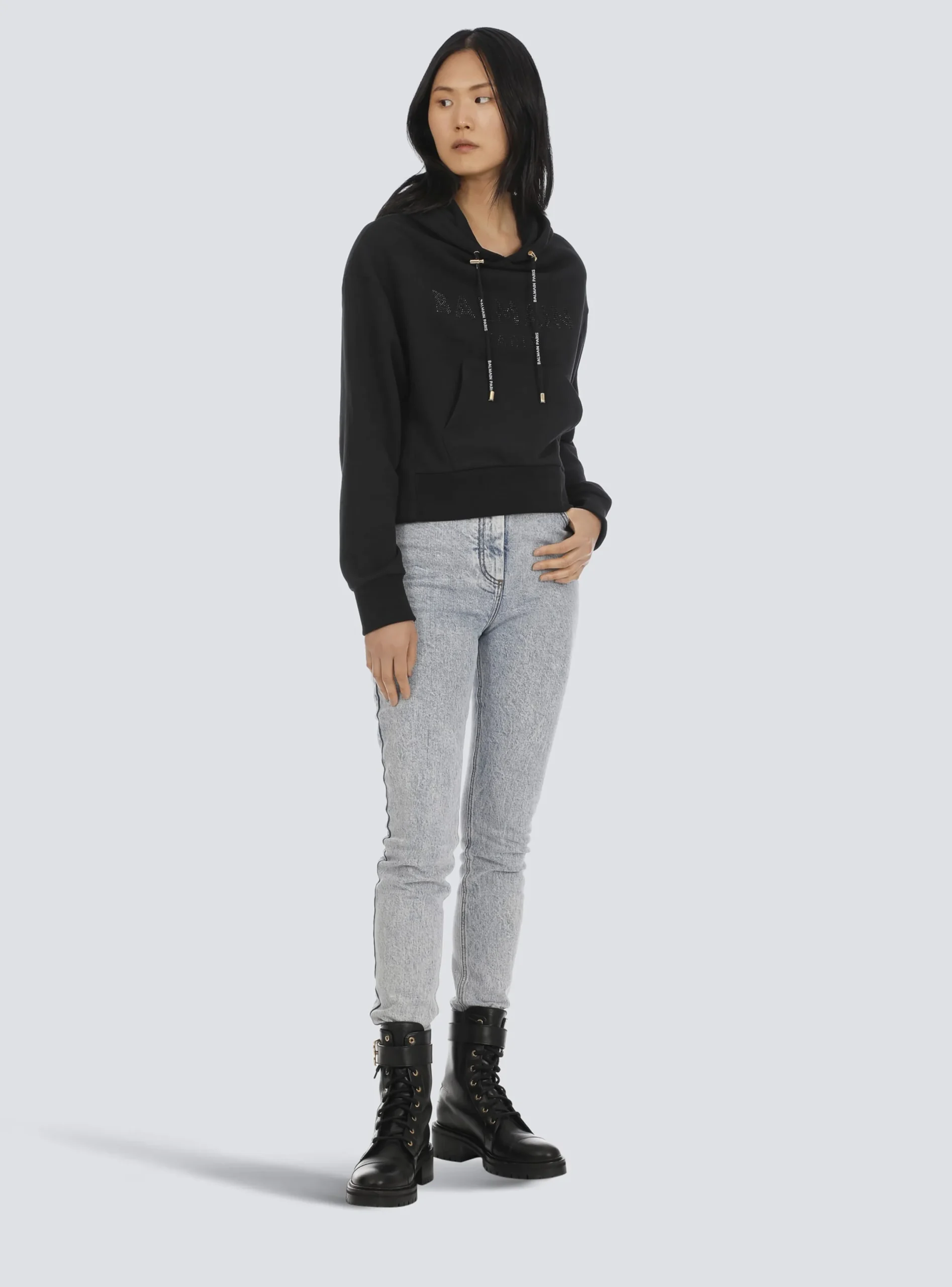 Flash Sale Cropped Eco-designed Cotton Sweatshirt With Rhinestone Logo Women Sweatshirts