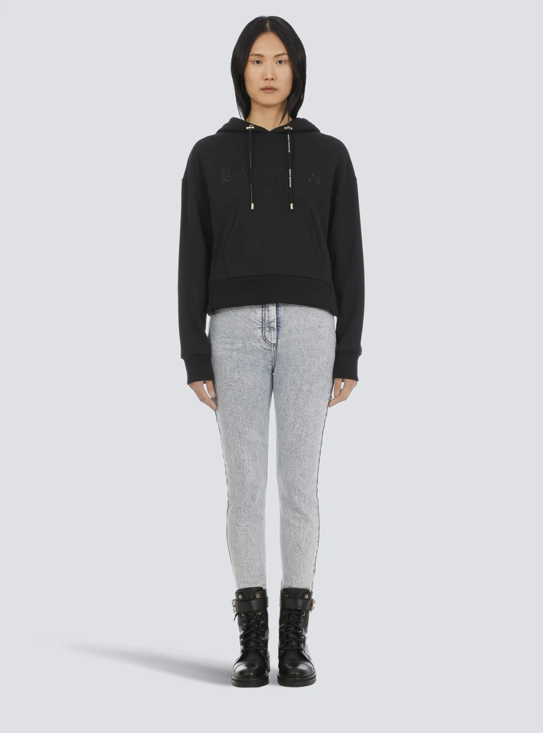 Flash Sale Cropped Eco-designed Cotton Sweatshirt With Rhinestone Logo Women Sweatshirts