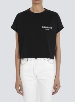 Clearance Cropped Eco-designed Cotton T-shirt With Small Flocked Logo Women T-Shirts