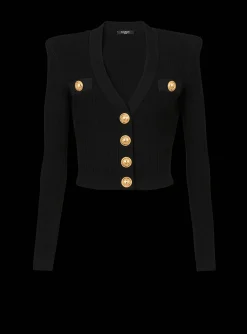 Fashion Cropped Eco-designed Knit Cardigan With Gold-tone Buttons Women Knitwear