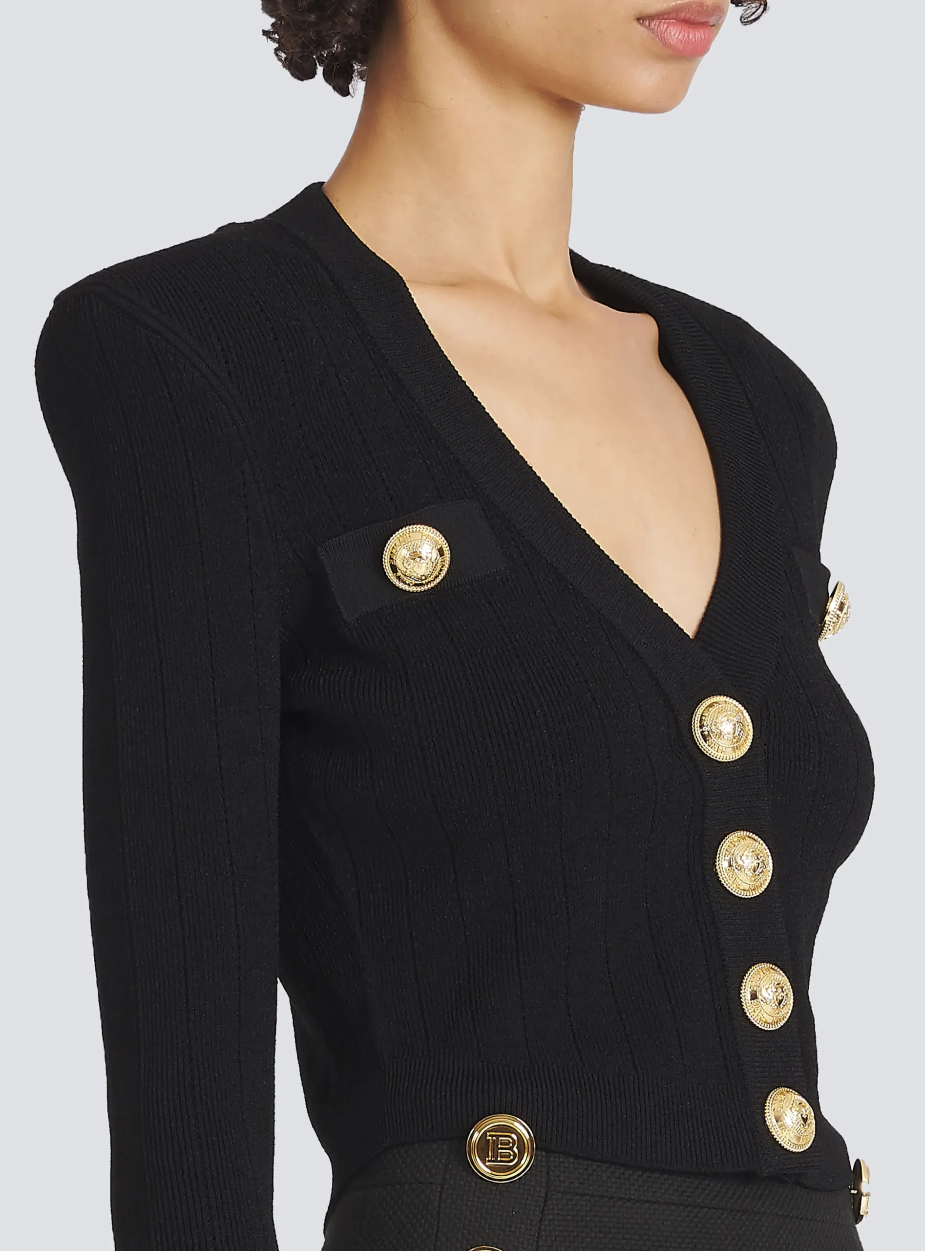 Fashion Cropped Eco-designed Knit Cardigan With Gold-tone Buttons Women Knitwear