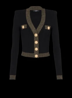 Cheap Cropped Knit Cardigan With Gold Trim Women Knitwear