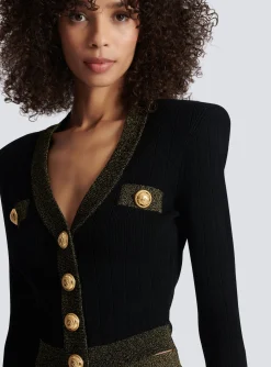 Cheap Cropped Knit Cardigan With Gold Trim Women Knitwear