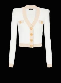 Cheap Cropped Knit Cardigan With Gold Trim Women Knitwear