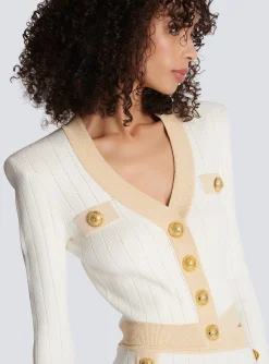Cheap Cropped Knit Cardigan With Gold Trim Women Knitwear