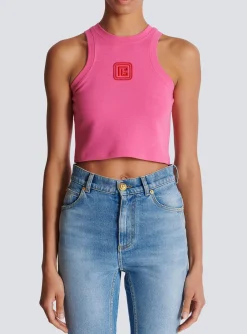 Discount Cropped Tank Top With Retro PB Embroidery Women T-Shirts