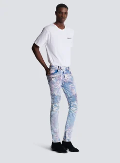 Flash Sale Denim Biker Jeans With A Palm Tree Print Denim