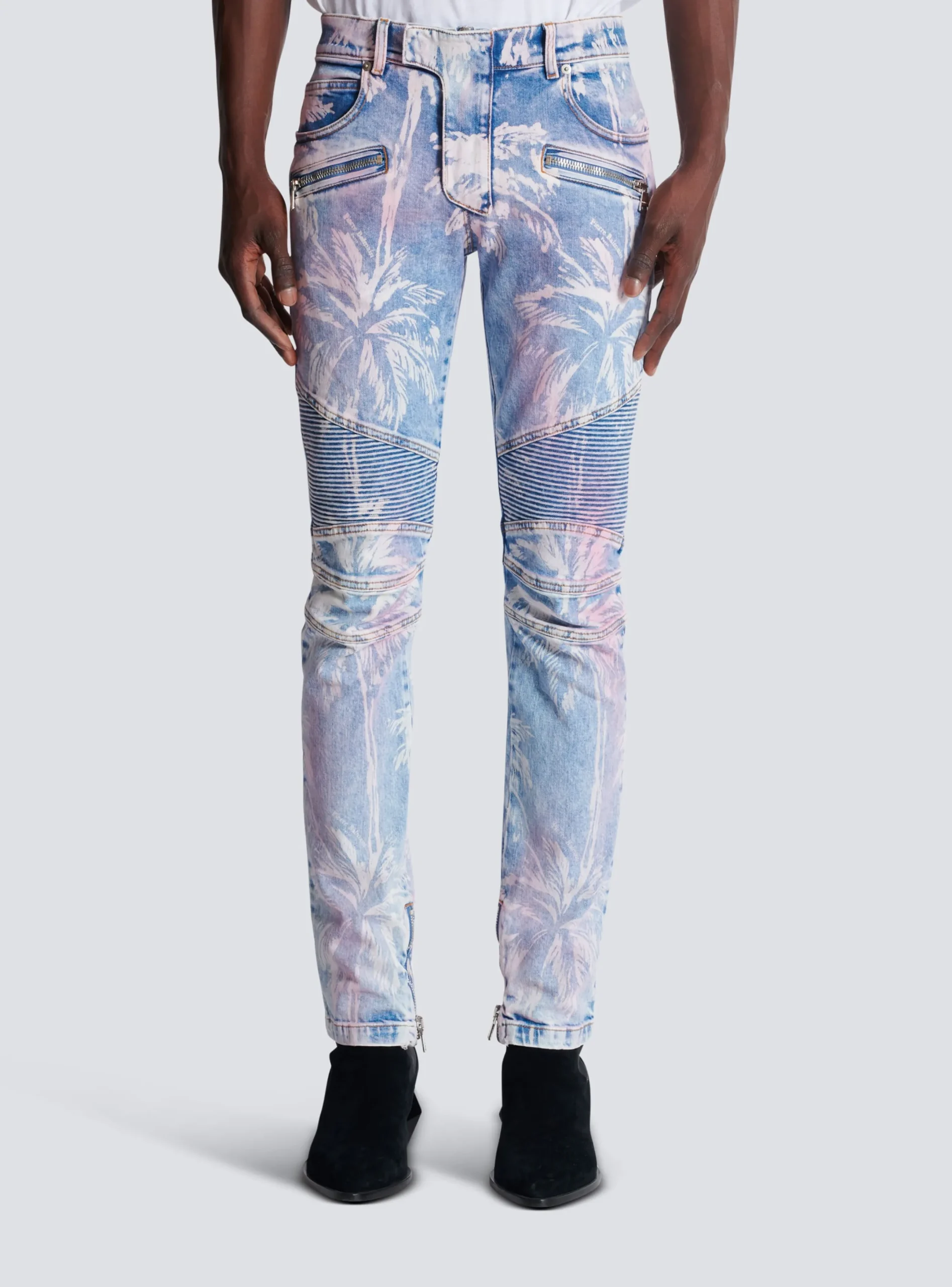 Flash Sale Denim Biker Jeans With A Palm Tree Print Denim