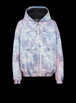 Sale Denim Hooded Bomber Jacket With Palm Tree Print Outerwear|Denim