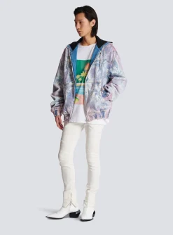 Sale Denim Hooded Bomber Jacket With Palm Tree Print Outerwear|Denim