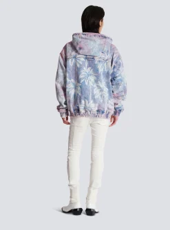 Sale Denim Hooded Bomber Jacket With Palm Tree Print Outerwear|Denim