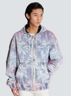 Sale Denim Hooded Bomber Jacket With Palm Tree Print Outerwear|Denim