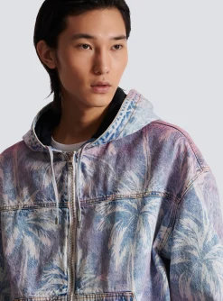 Sale Denim Hooded Bomber Jacket With Palm Tree Print Outerwear|Denim