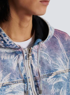 Sale Denim Hooded Bomber Jacket With Palm Tree Print Outerwear|Denim