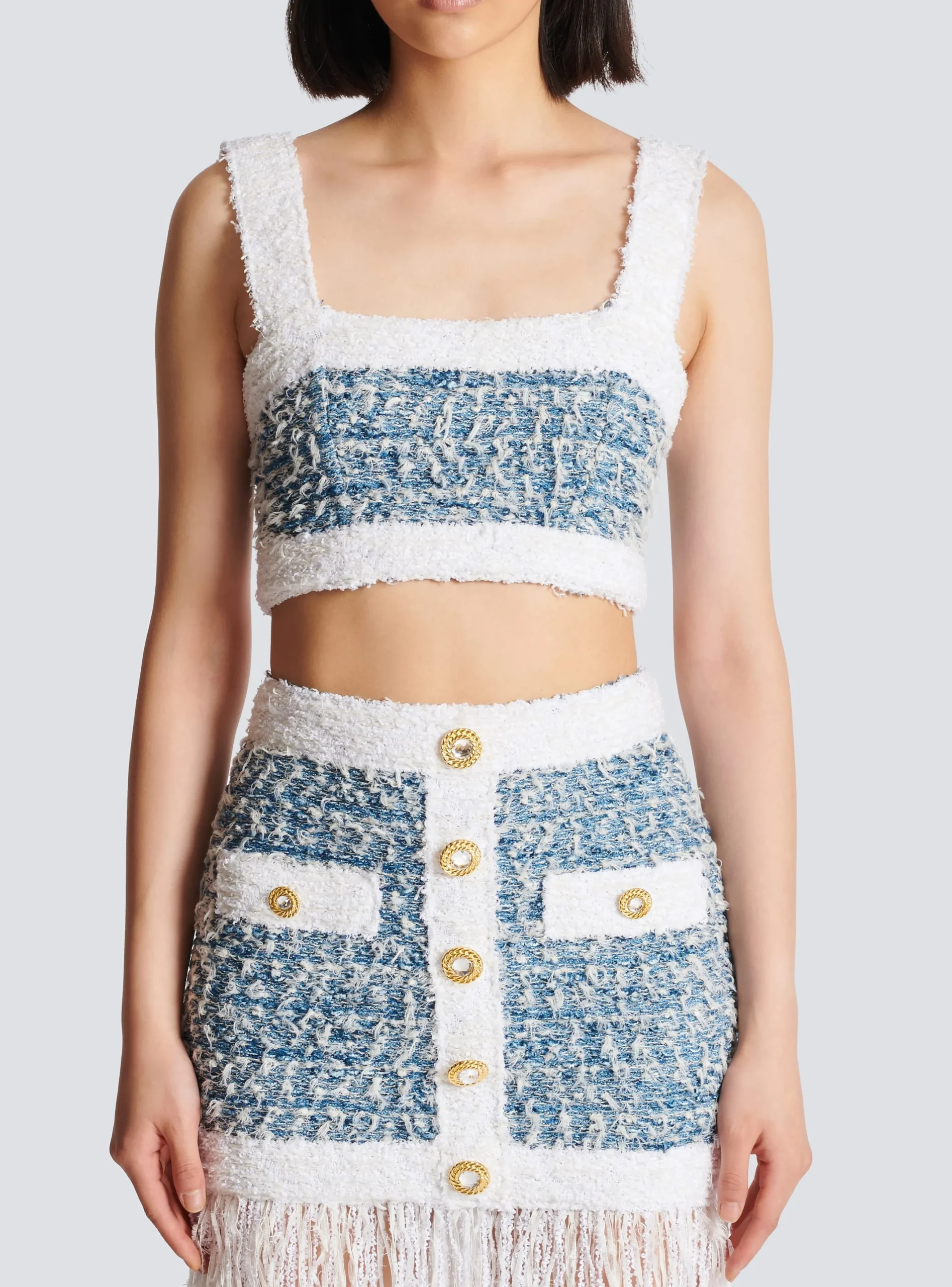 Online Denim Tweed Strappy Top Women Tops And Shirts
