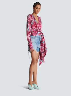 Best Sale Feather Print Satin Wrap Blouse Women Tops And Shirts
