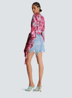 Best Sale Feather Print Satin Wrap Blouse Women Tops And Shirts