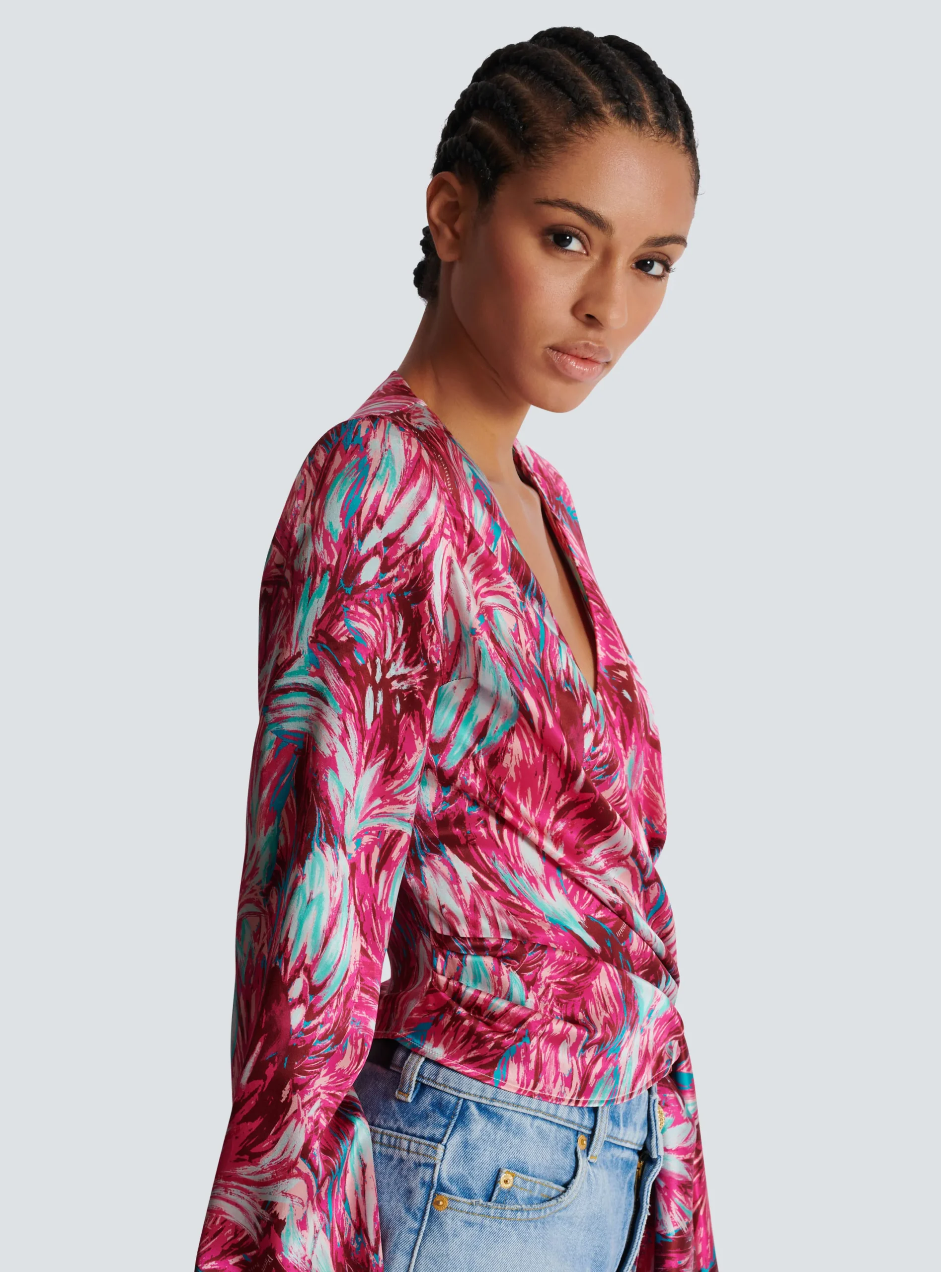 Best Sale Feather Print Satin Wrap Blouse Women Tops And Shirts