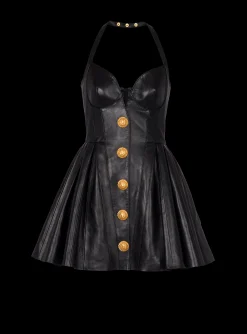 Store Flared Pleated Halterneck Dress In Leather Women Dresses