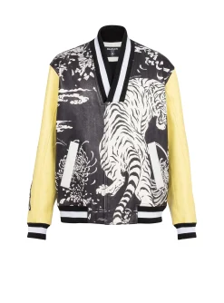 Cheap Leather Varsity Jacket With Tiger Print Outerwear
