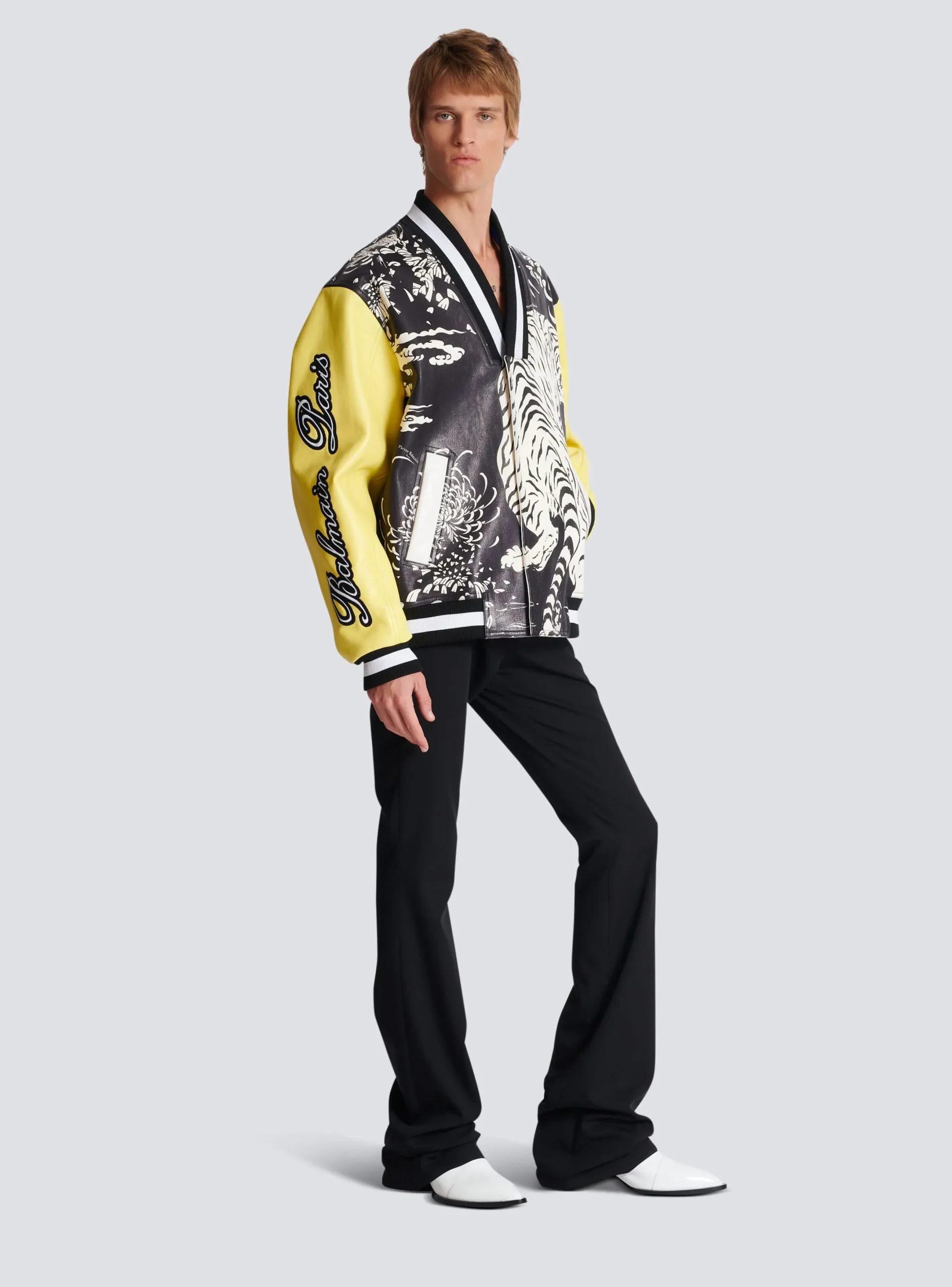 Cheap Leather Varsity Jacket With Tiger Print Outerwear