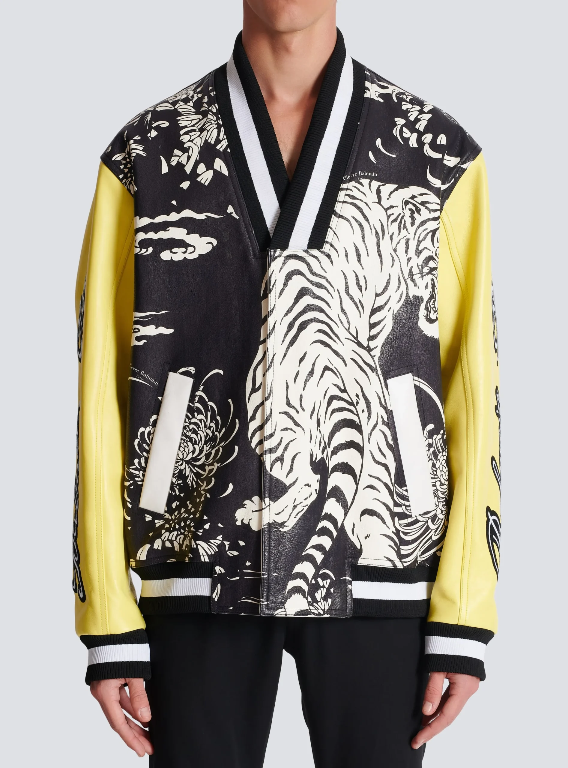 Cheap Leather Varsity Jacket With Tiger Print Outerwear