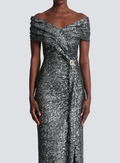 Online Long Draped Sequin Dress Women Dresses