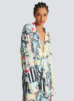 New Loose Belted Shirt With Baroque Print Women Tops And Shirts