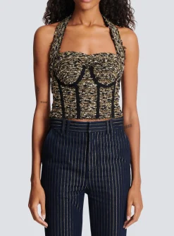 Sale Lurex Tweed Halterneck Bustier Women Tops And Shirts