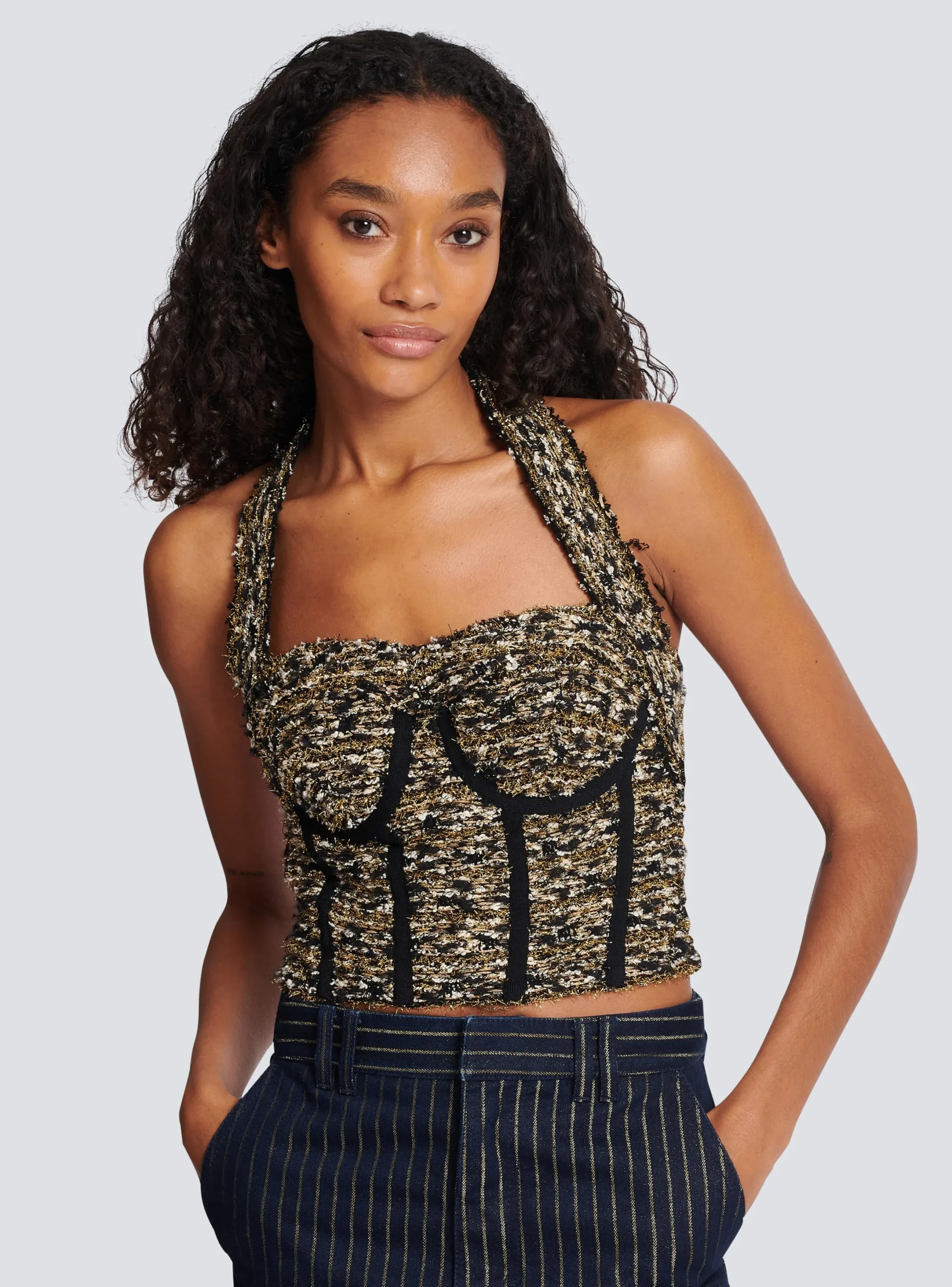 Sale Lurex Tweed Halterneck Bustier Women Tops And Shirts
