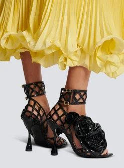Clearance Patent Leather Eden Sandals With Openwork Grid And Flowers Women High Heels & Pumps
