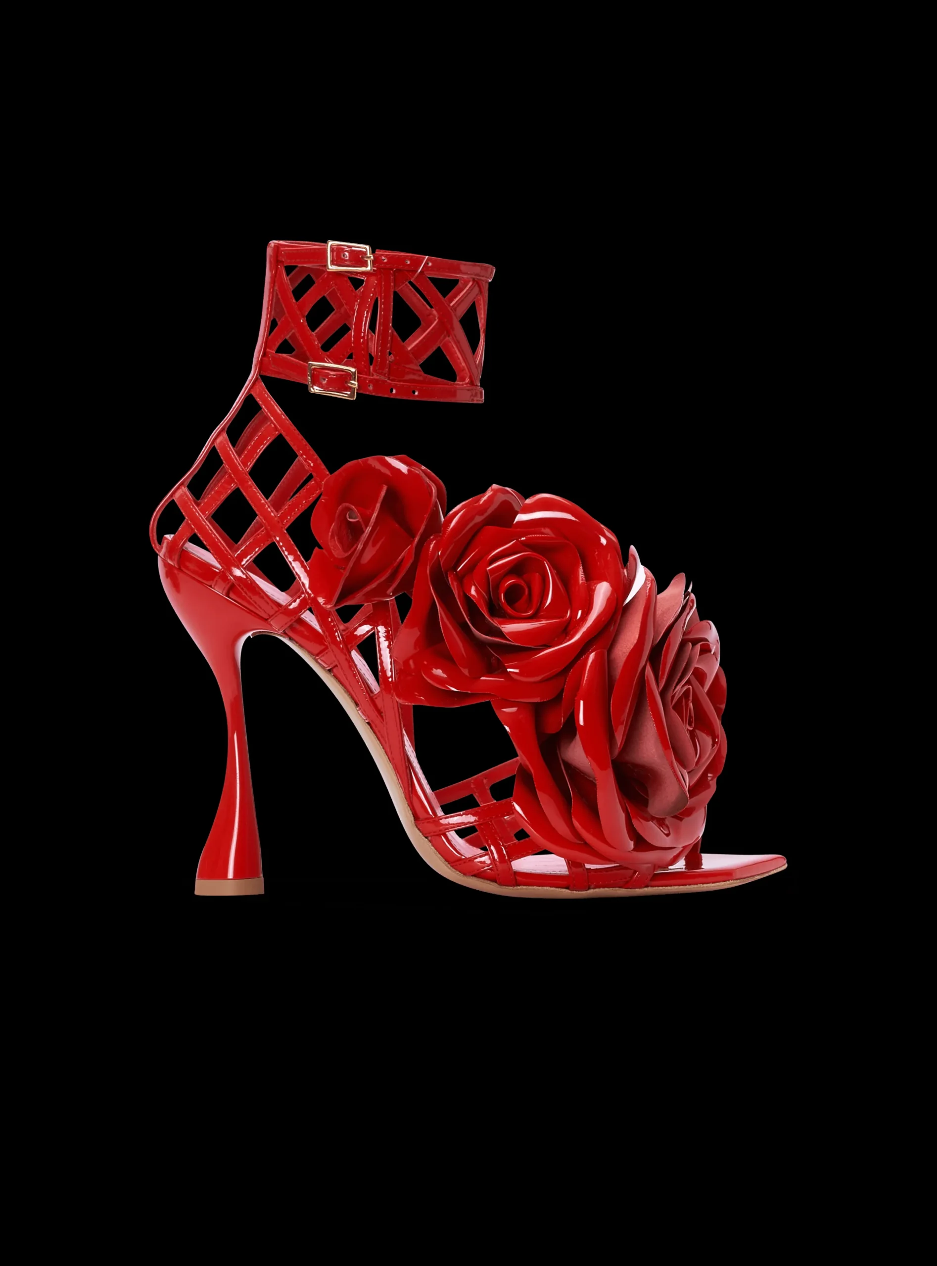 Hot Patent Leather Eden Sandals With Openwork Grid And Flowers Women High Heels & Pumps
