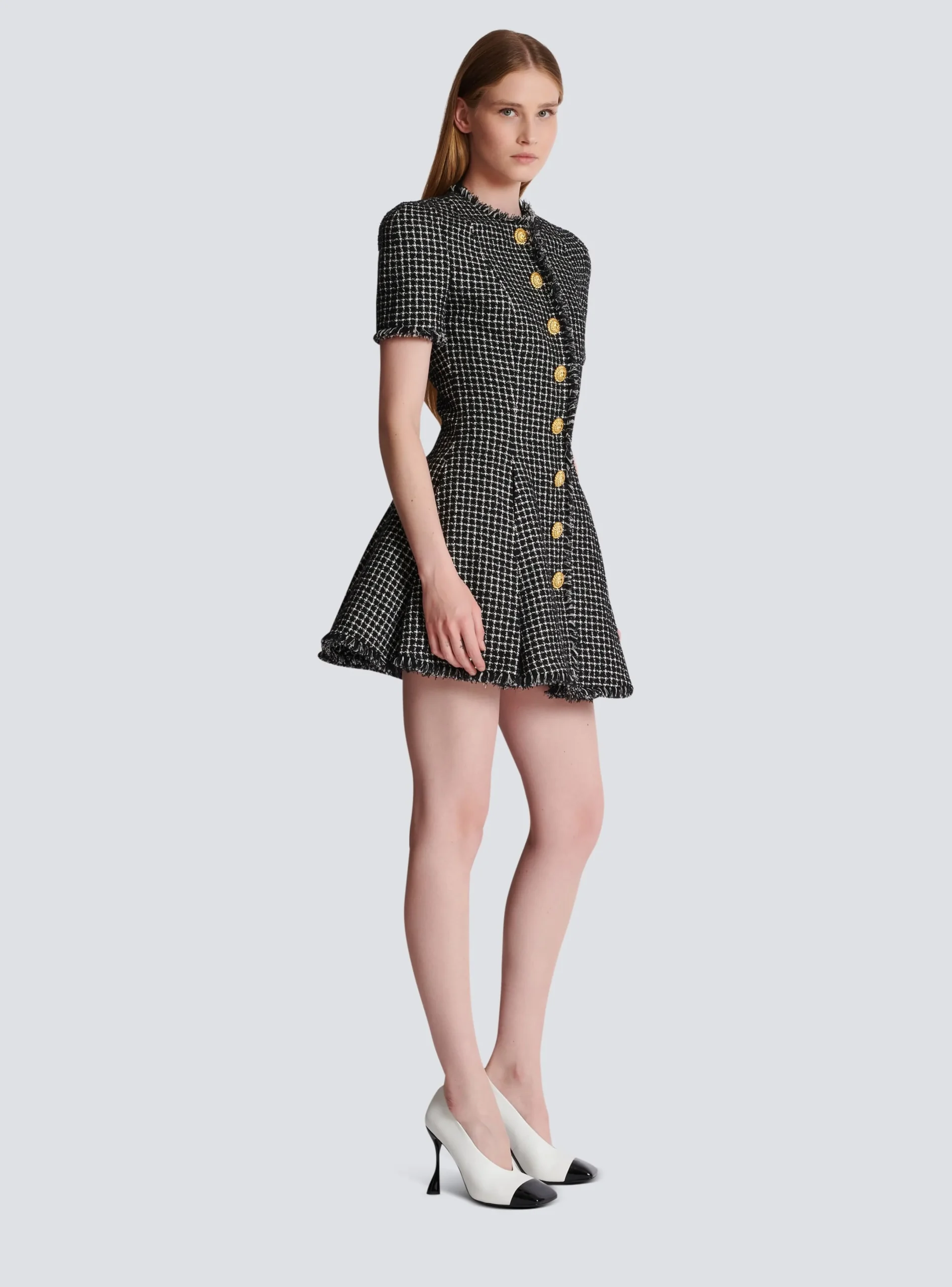 Store Pleated Flared Dress In Gingham Tweed Women Dresses