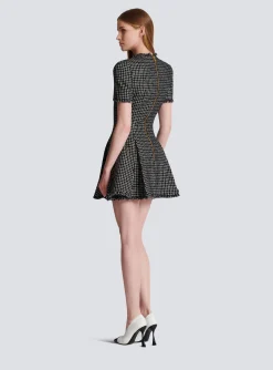 Store Pleated Flared Dress In Gingham Tweed Women Dresses