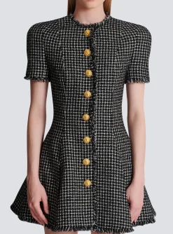Store Pleated Flared Dress In Gingham Tweed Women Dresses