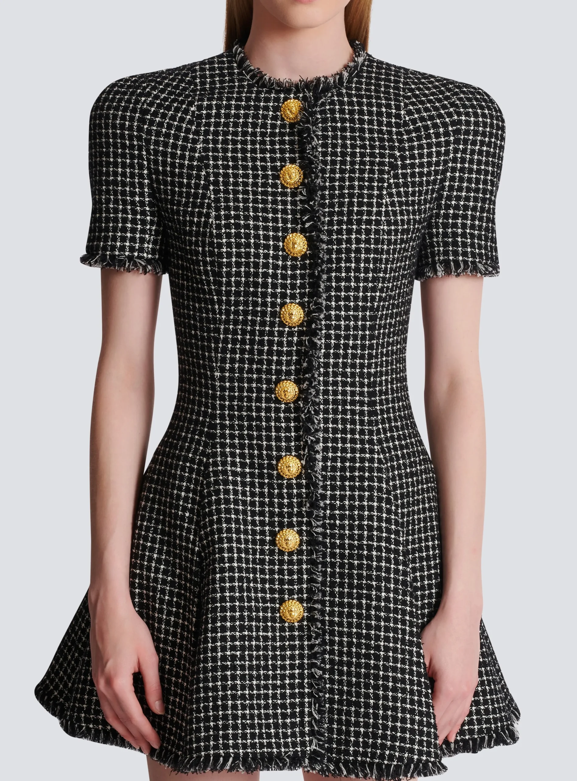 Store Pleated Flared Dress In Gingham Tweed Women Dresses