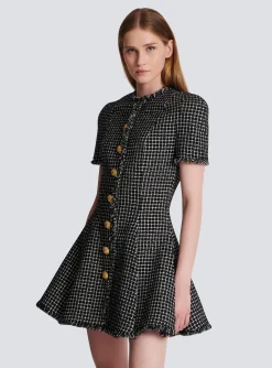 Store Pleated Flared Dress In Gingham Tweed Women Dresses