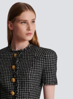 Store Pleated Flared Dress In Gingham Tweed Women Dresses